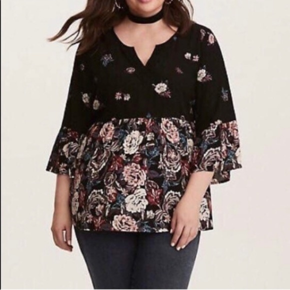 torrid Tops - Torrid Black Floral Peasant Boho Top 1X
